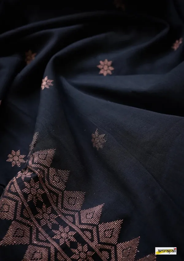 Jet_Black_Banarasi_Soft_Silk_Saree_With_Antique_Copper_Zari_Border_Default_Title
