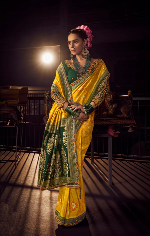 Sunshine_Yellow_Pure_Viscose_Dola_Saree_With_Forest_Green_Designer_Border_Fancy_Lace_Default_Title