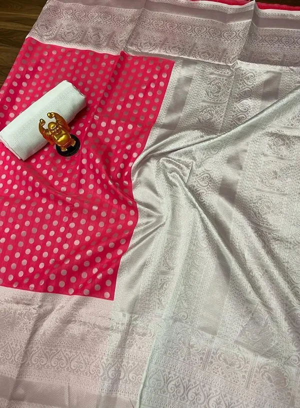 Pearl_White_Banarasi_Soft_Silk_Saree_With_Rani_Pink_Gold_Zari_Weaving_Jacquard_Border_Default_Title