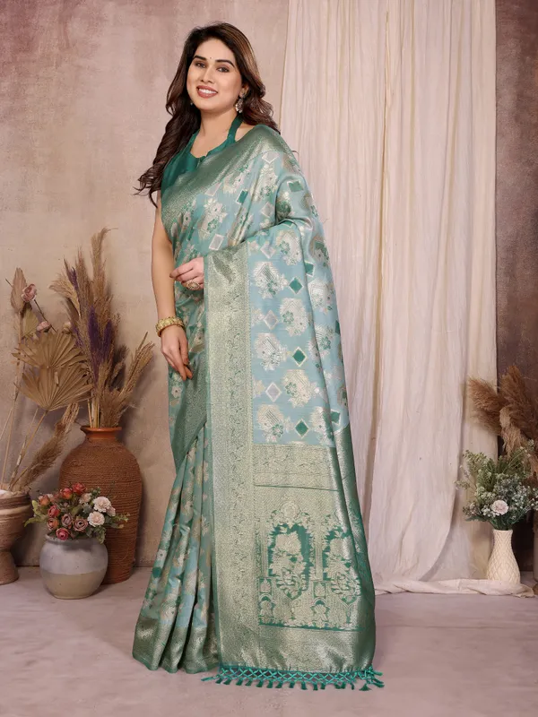 Rama_Green_Pure_Cotton_Jacquard_Zari_Weaving_Saree_With_Rich_Floral_Zari_Border_Default_Title