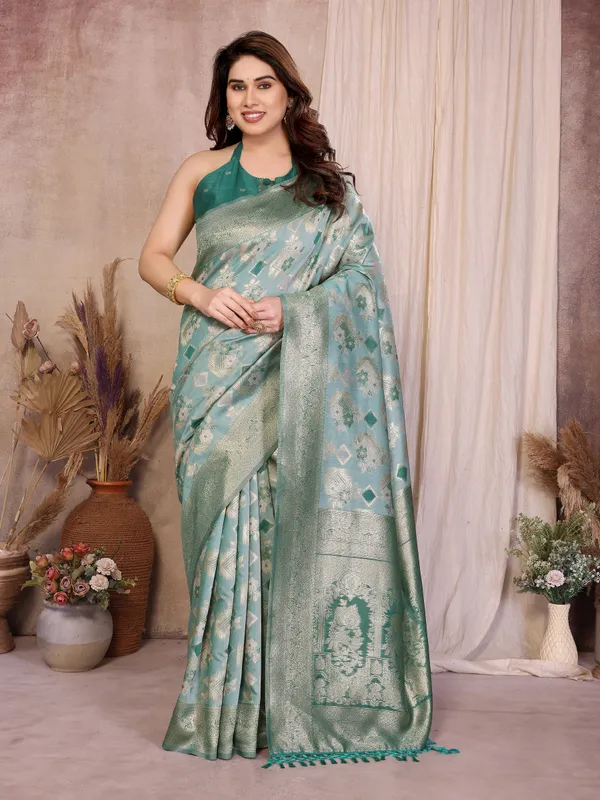 Rama_Green_Pure_Cotton_Jacquard_Zari_Weaving_Saree_With_Rich_Floral_Zari_Border_Default_Title