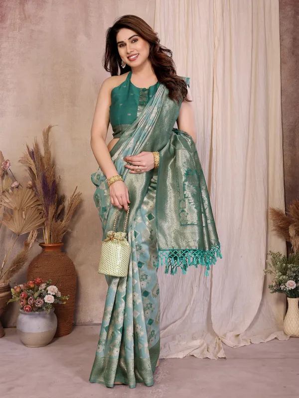 Rama_Green_Pure_Cotton_Jacquard_Zari_Weaving_Saree_With_Rich_Floral_Zari_Border_Default_Title