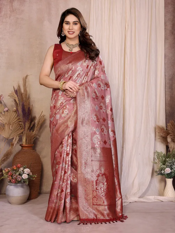 Rose_Pink_Pure_Cotton_Jacquard_Zari_Weaving_Saree_With_Rich_Floral_Zari_Border_Default_Title