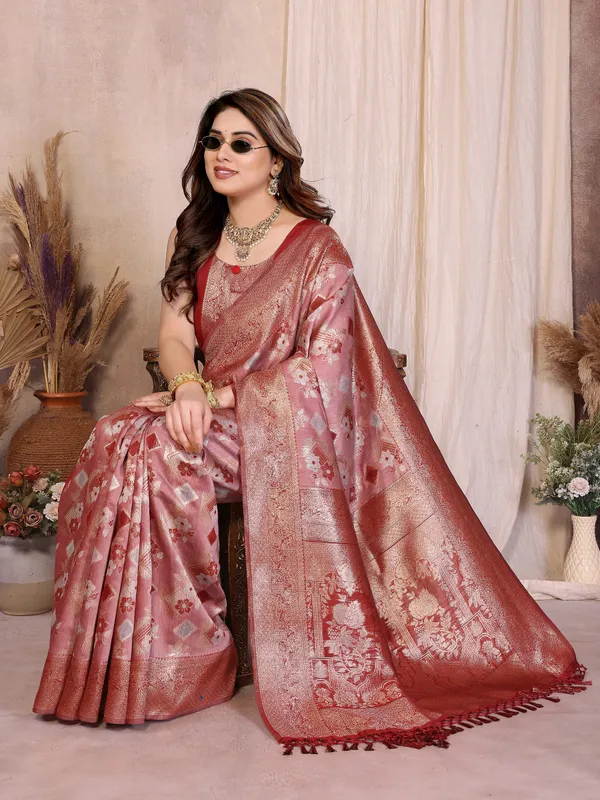 Rose_Pink_Pure_Cotton_Jacquard_Zari_Weaving_Saree_With_Rich_Floral_Zari_Border_Default_Title