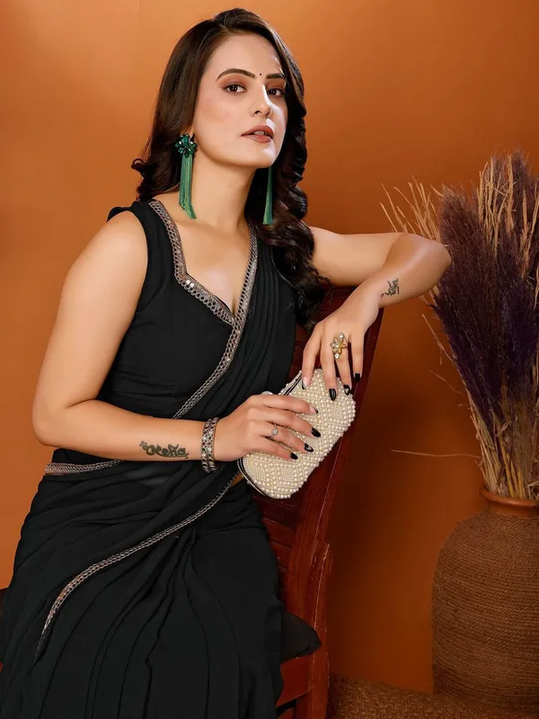 Jet_Black_Georgette_Saree_With_Elegant_Silver_Lace_Border_Default_Title