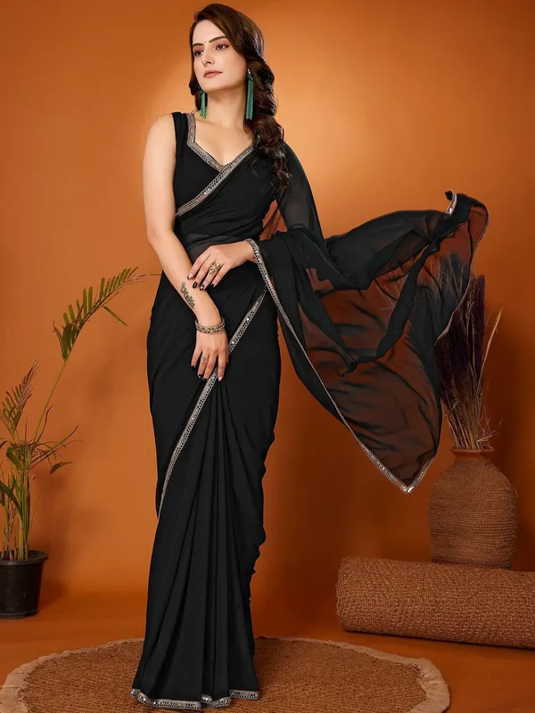 Jet_Black_Georgette_Saree_With_Elegant_Silver_Lace_Border_Default_Title