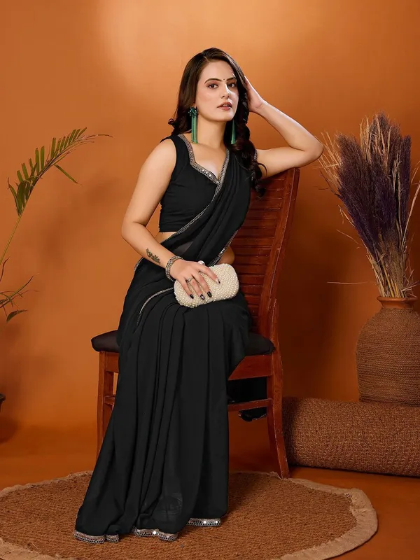 Jet_Black_Georgette_Saree_With_Elegant_Silver_Lace_Border_Default_Title