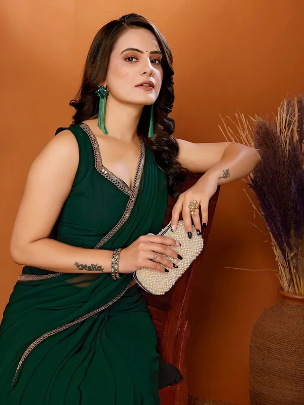 Emerald_Green_Georgette_Saree_With_Elegant_Silver_Lace_Border_Default_Title