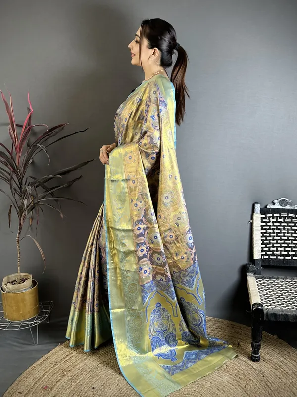 Olive_Gold_Kanjivaram_Semi_Silk_Saree_With_Sky_Blue_Zari_Border_Default_Title