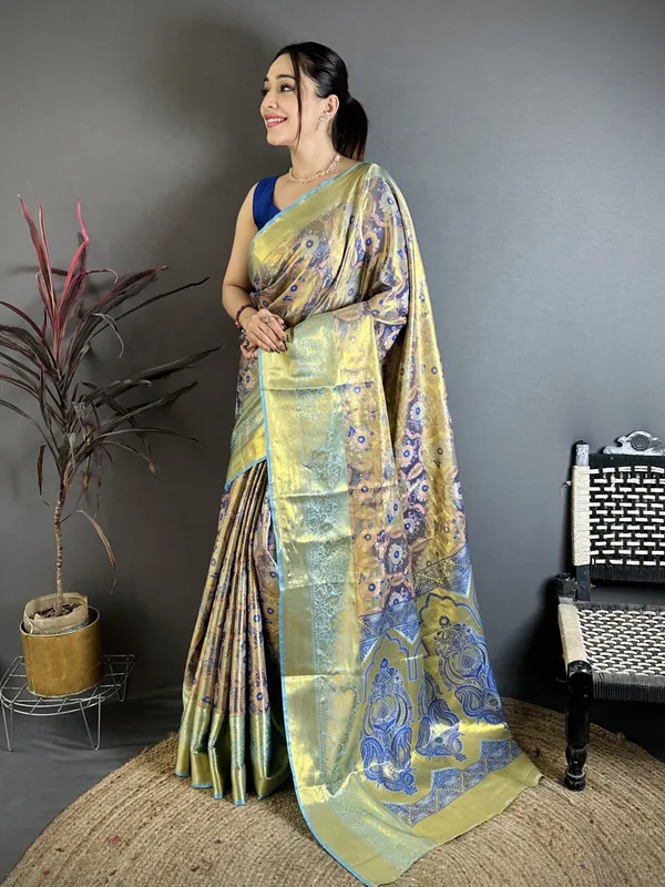 Olive_Gold_Kanjivaram_Semi_Silk_Saree_With_Sky_Blue_Zari_Border_Default_Title