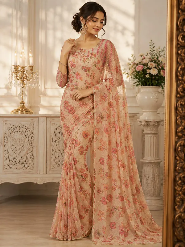 Peach_Floral_Premium_Tabby_Silk_Saree_With_Elegant_Pearl_Lace_Border_Default_Title