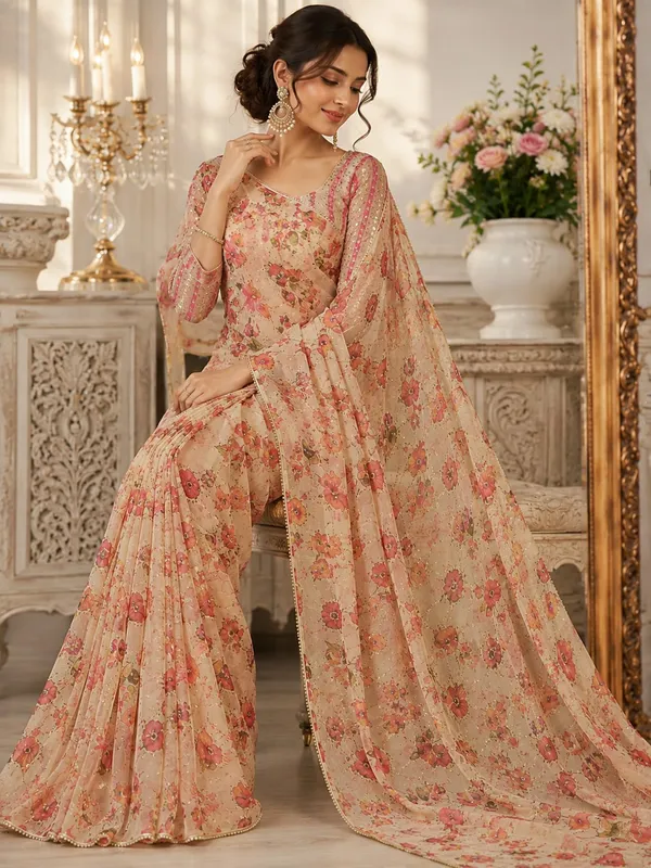 Peach_Floral_Premium_Tabby_Silk_Saree_With_Elegant_Pearl_Lace_Border_Default_Title