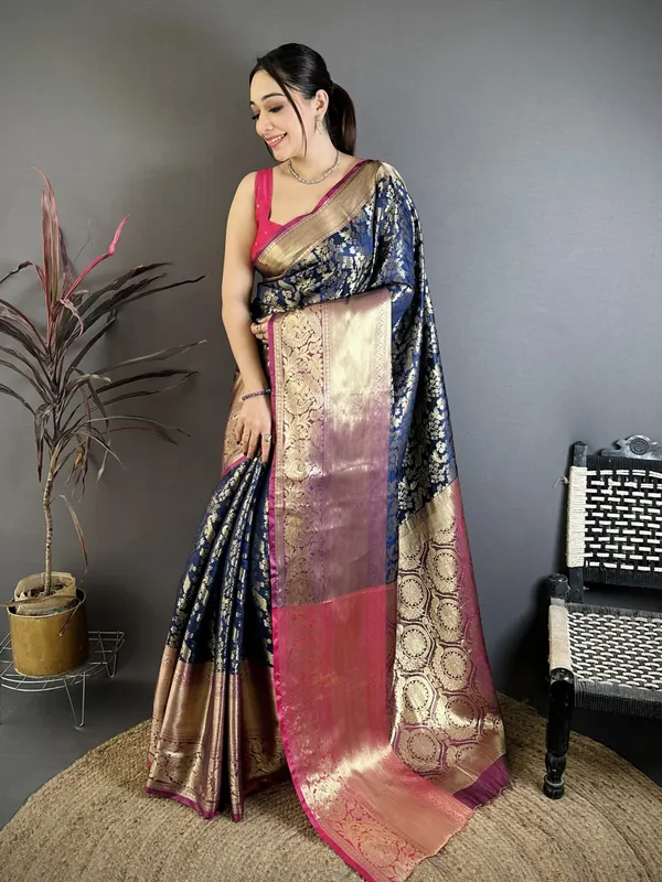 Royal_Navy_Blue_Kanjivaram_Katan_Silk_Saree_With_Contrast_Magenta_Zari_Brocade_Border_Default_Title
