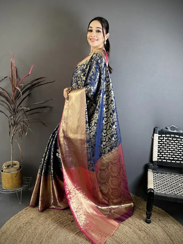 Royal_Navy_Blue_Kanjivaram_Katan_Silk_Saree_With_Contrast_Magenta_Zari_Brocade_Border_Default_Title
