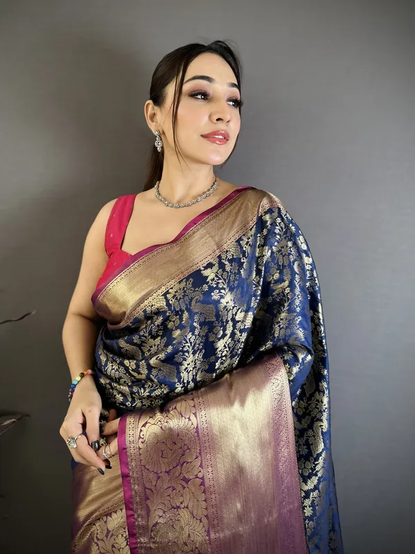 Royal_Navy_Blue_Kanjivaram_Katan_Silk_Saree_With_Contrast_Magenta_Zari_Brocade_Border_Default_Title