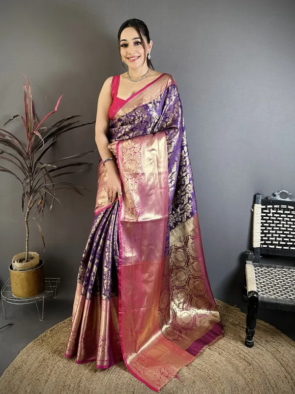 Royal_Purple_Kanjivaram_Katan_Silk_Saree_With_Contrast_Magenta_Zari_Brocade_Border_Default_Title