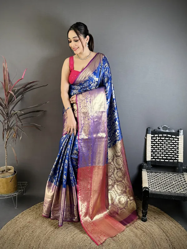 Royal_Cobalt_Blue_Kanjivaram_Katan_Silk_Saree_With_Contrast_Magenta_Zari_Brocade_Border_Default_Title