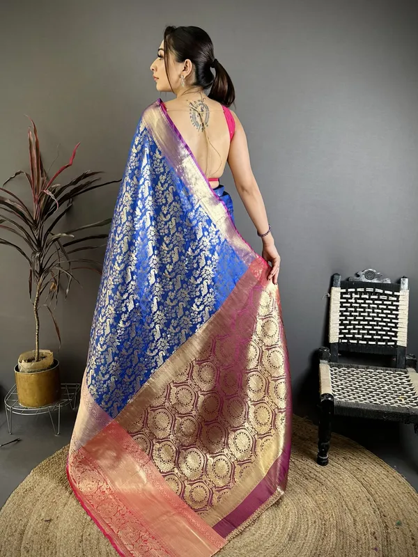 Royal_Cobalt_Blue_Kanjivaram_Katan_Silk_Saree_With_Contrast_Magenta_Zari_Brocade_Border_Default_Title