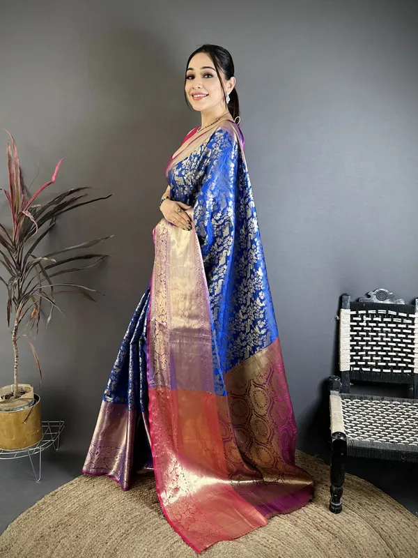 Royal_Cobalt_Blue_Kanjivaram_Katan_Silk_Saree_With_Contrast_Magenta_Zari_Brocade_Border_Default_Title