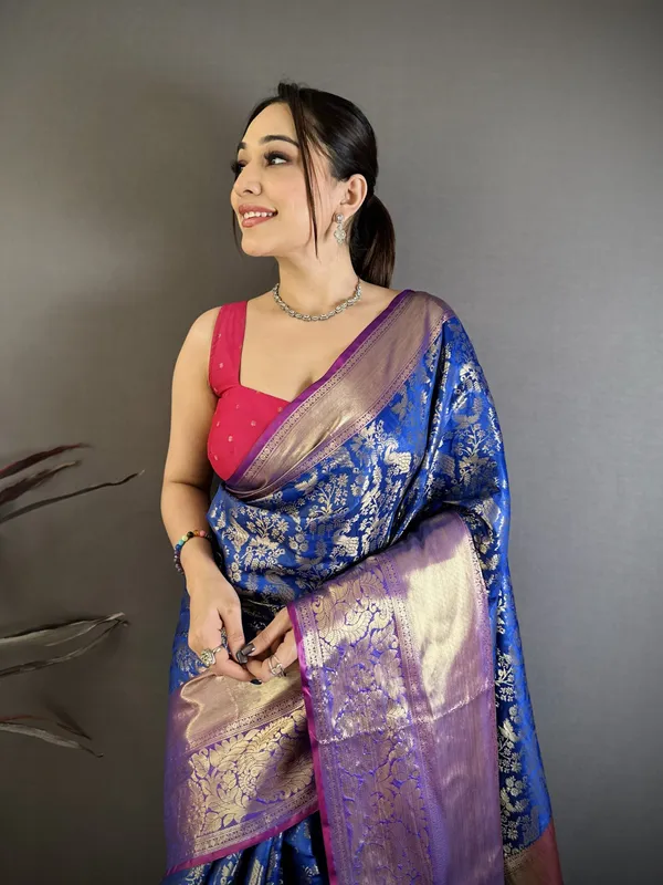 Royal_Cobalt_Blue_Kanjivaram_Katan_Silk_Saree_With_Contrast_Magenta_Zari_Brocade_Border_Default_Title