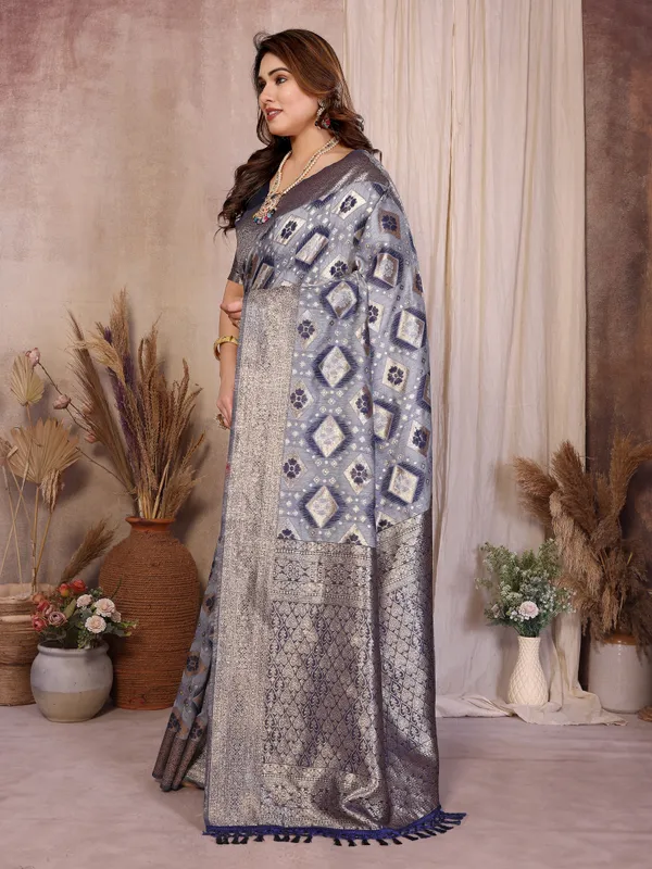 Steel_Blue_Pure_Cotton_Saree_With_Silver_Zari_Woven_Border_Default_Title