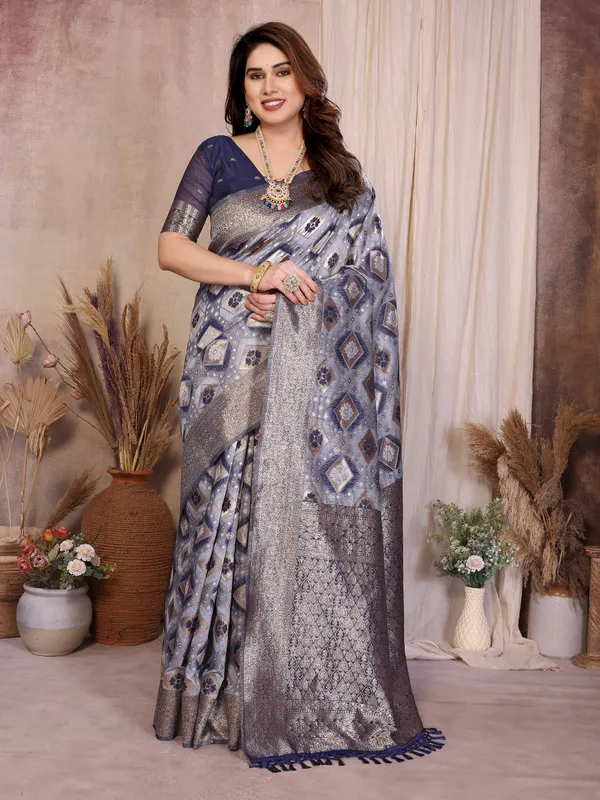 Steel_Blue_Pure_Cotton_Saree_With_Silver_Zari_Woven_Border_Default_Title