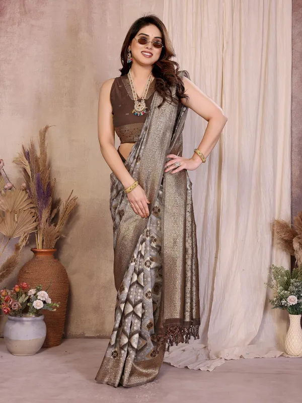 Taupe_Grey_Pure_Cotton_Saree_With_Antique_Zari_Woven_Border_Default_Title