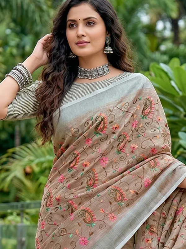 Beige_Linen_Saree_With_Silver_Striped_Border_Default_Title