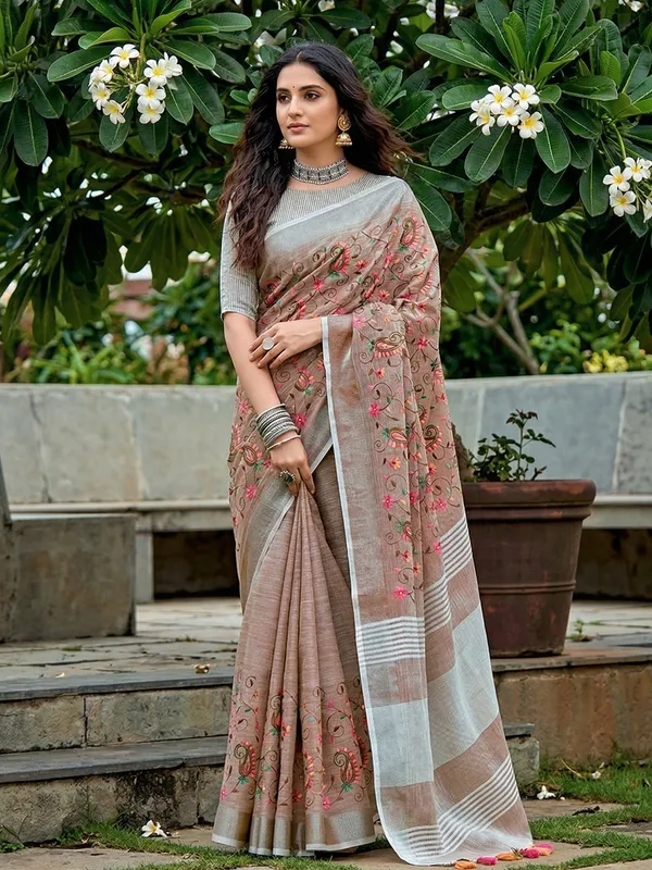 Beige_Linen_Saree_With_Silver_Striped_Border_Default_Title