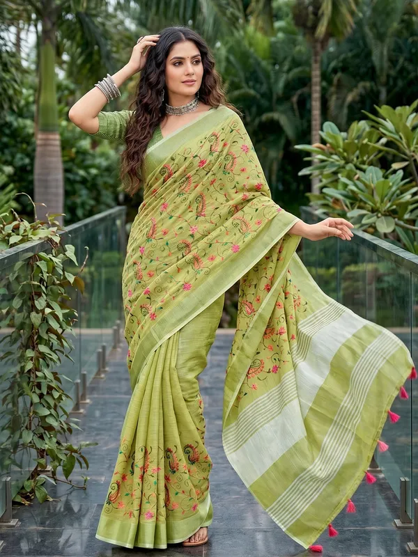 Pistachio_Green_Linen_Saree_With_White_Striped_Border_Default_Title