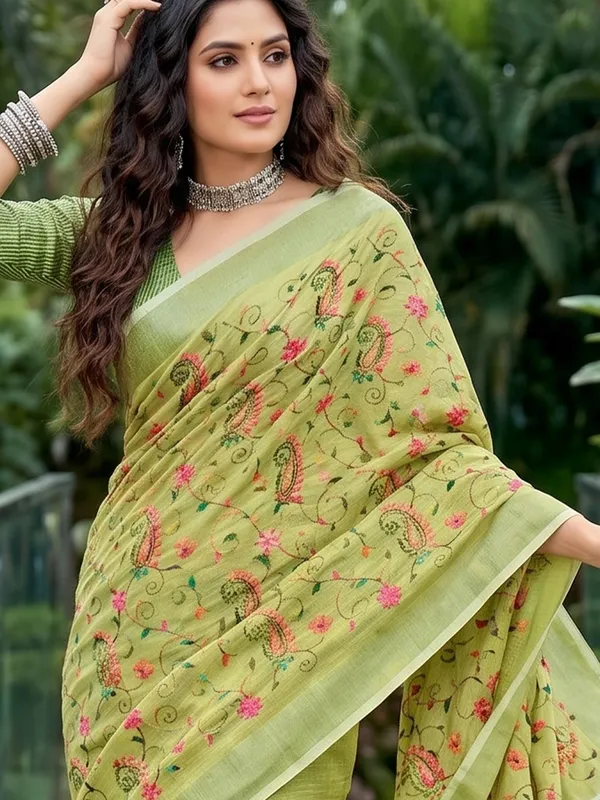 Pistachio_Green_Linen_Saree_With_White_Striped_Border_Default_Title