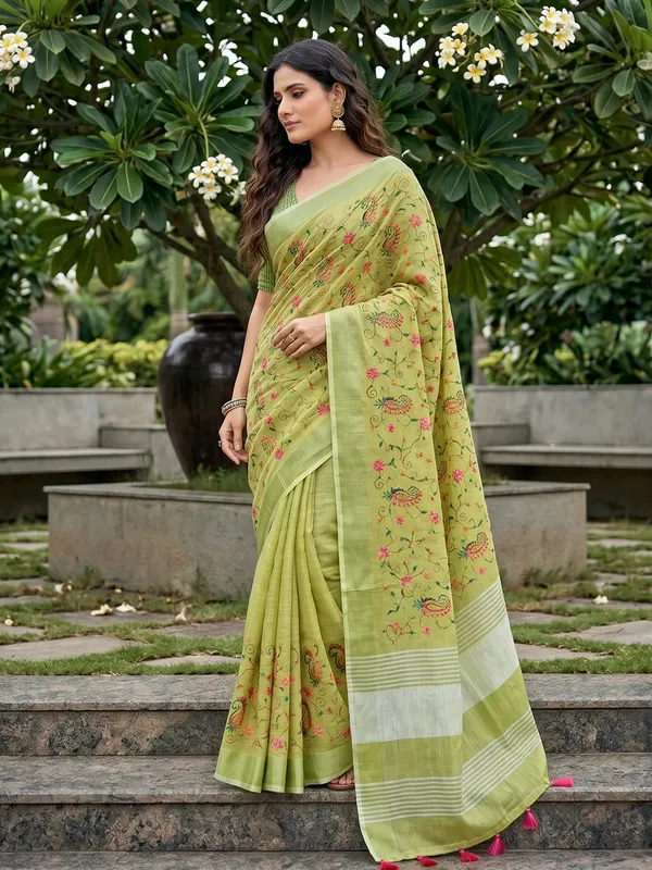 Pistachio_Green_Linen_Saree_With_White_Striped_Border_Default_Title