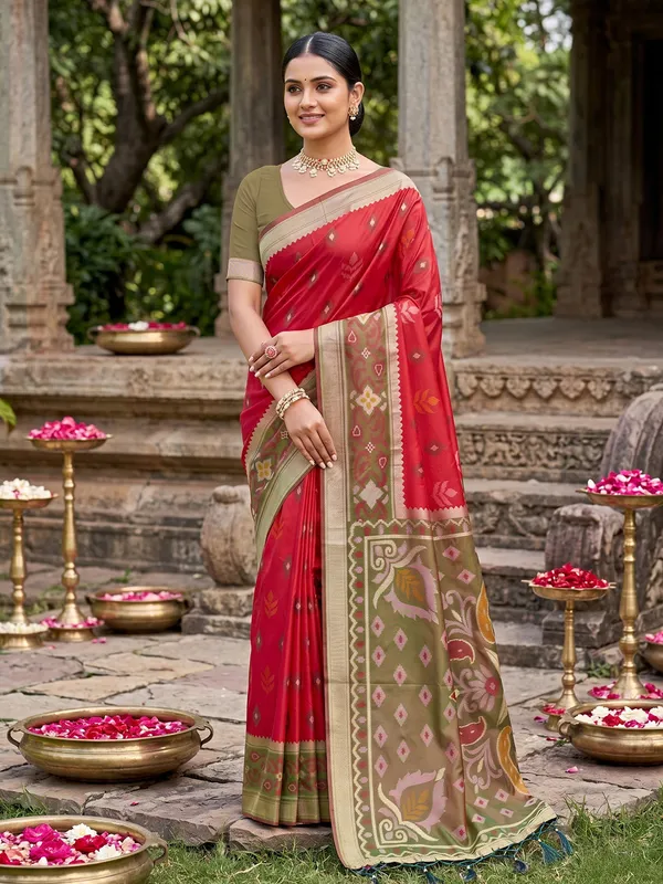 Red_Soft_Silk_Saree_With_Olive_Green_Designer_Woven_Border_Default_Title