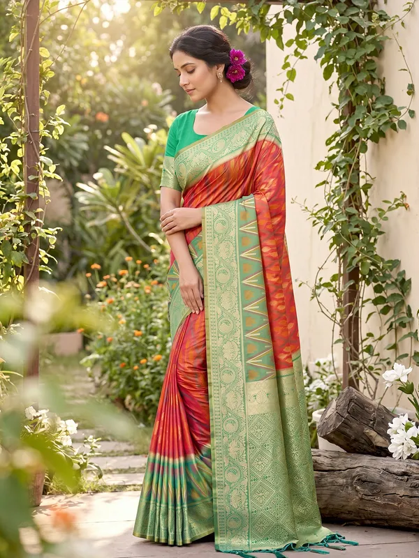 Coral_Orange_Soft_Silk_Saree_With_Mint_Green_Zari_Border_Default_Title