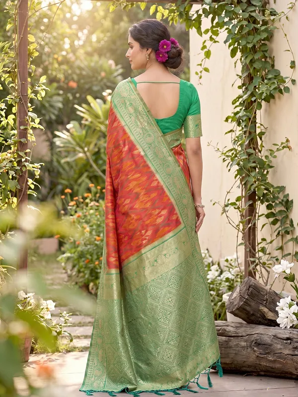 Coral_Orange_Soft_Silk_Saree_With_Mint_Green_Zari_Border_Default_Title