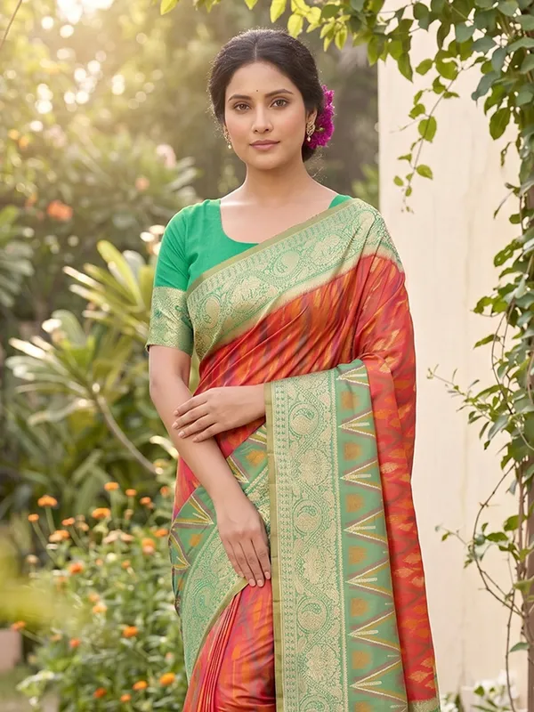 Coral_Orange_Soft_Silk_Saree_With_Mint_Green_Zari_Border_Default_Title