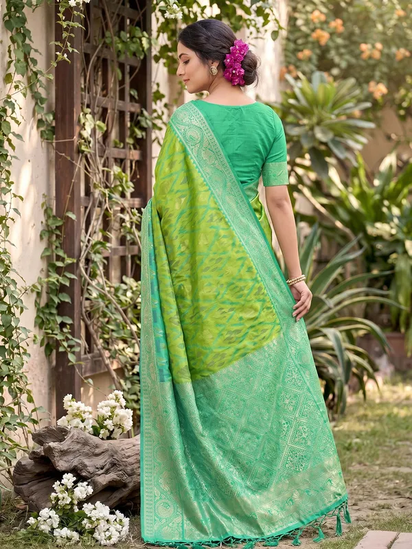 Lime_Green_Soft_Silk_Saree_With_Aqua_Green_Zari_Border_Default_Title
