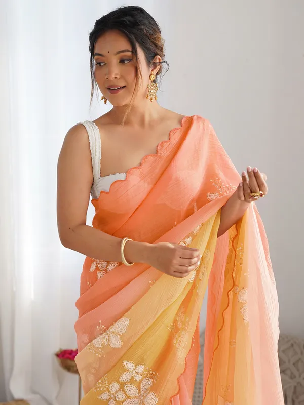 Peach_Sunshine_Yellow_Gold_Crush_Silk_Saree_With_Scalloped_Border_Default_Title