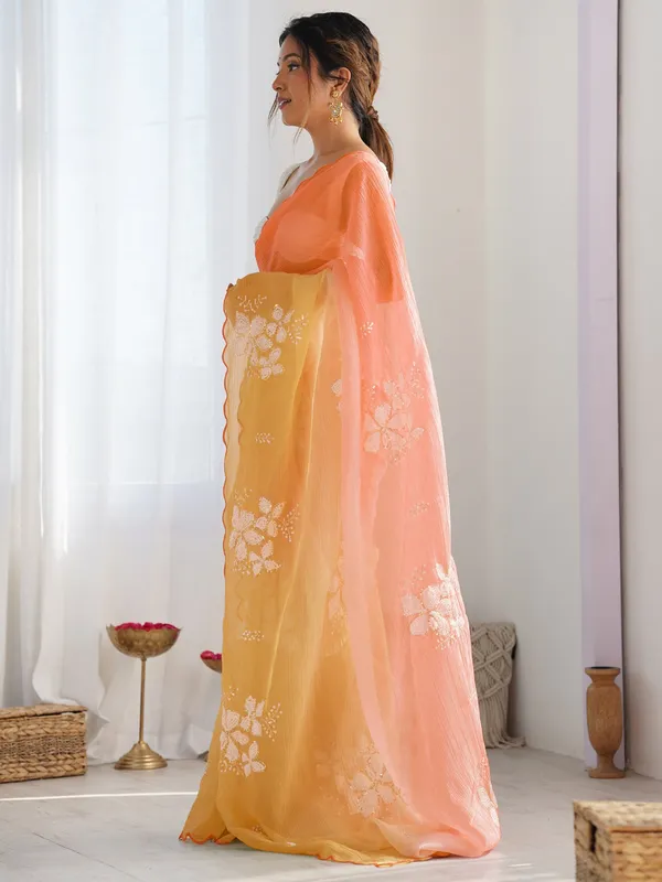 Peach_Sunshine_Yellow_Gold_Crush_Silk_Saree_With_Scalloped_Border_Default_Title