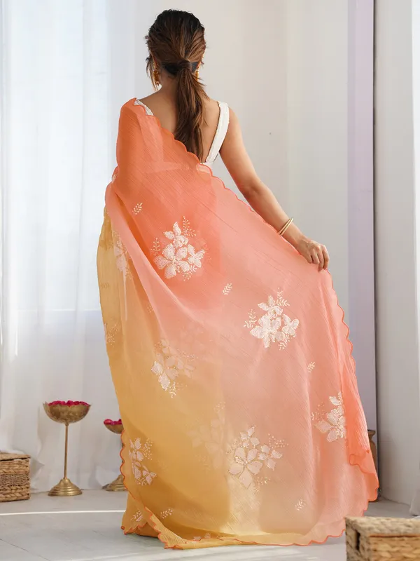 Peach_Sunshine_Yellow_Gold_Crush_Silk_Saree_With_Scalloped_Border_Default_Title