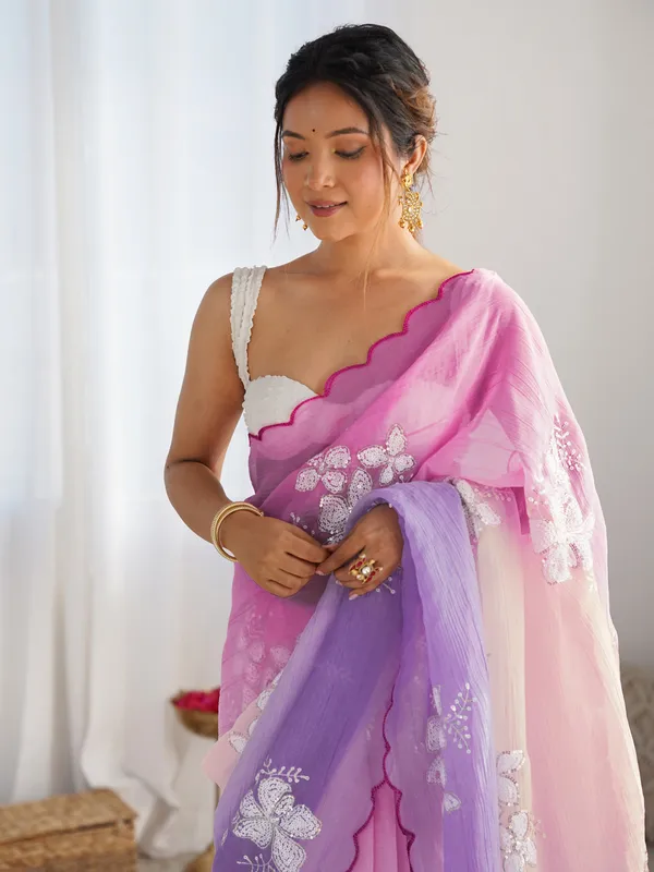Candy_Pink_Lavender_Gold_Crush_Silk_Saree_With_Scalloped_Border_Default_Title