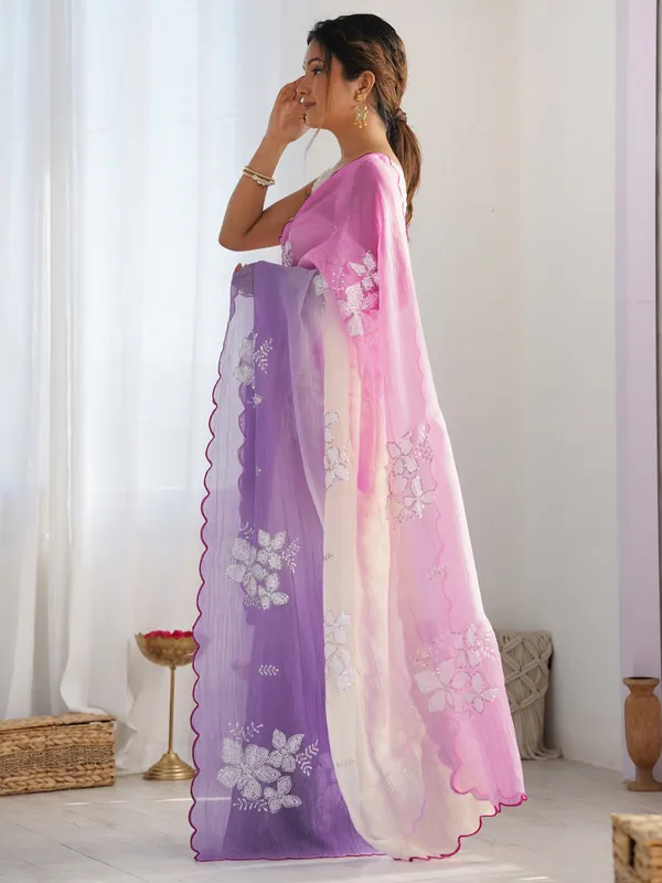 Candy_Pink_Lavender_Gold_Crush_Silk_Saree_With_Scalloped_Border_Default_Title