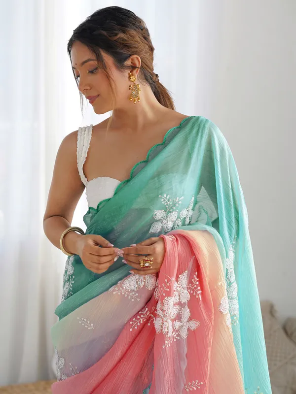 Aqua_Mint_Green_Coral_Pink_Gold_Crush_Silk_Saree_With_Scalloped_Border_Default_Title