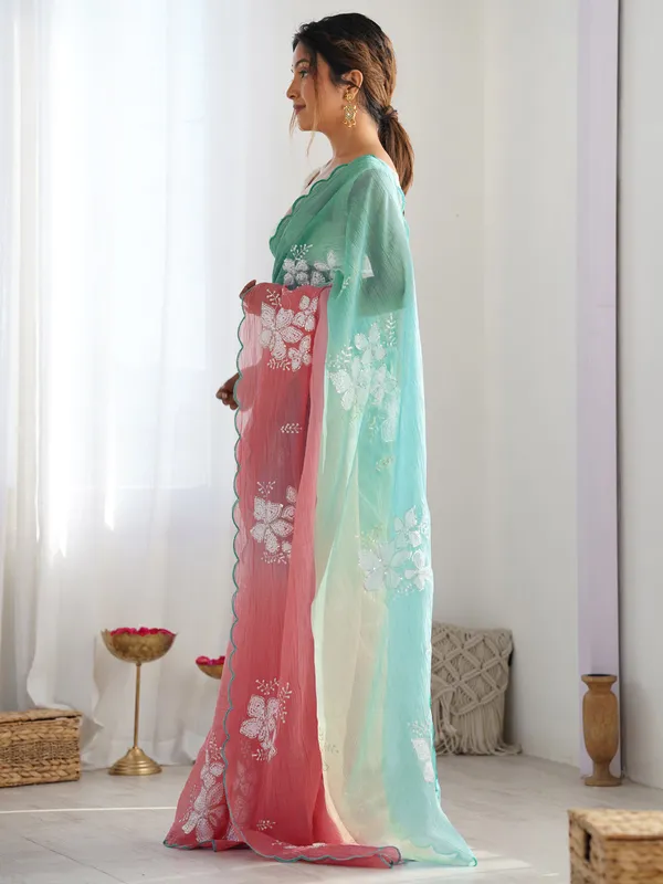 Aqua_Mint_Green_Coral_Pink_Gold_Crush_Silk_Saree_With_Scalloped_Border_Default_Title