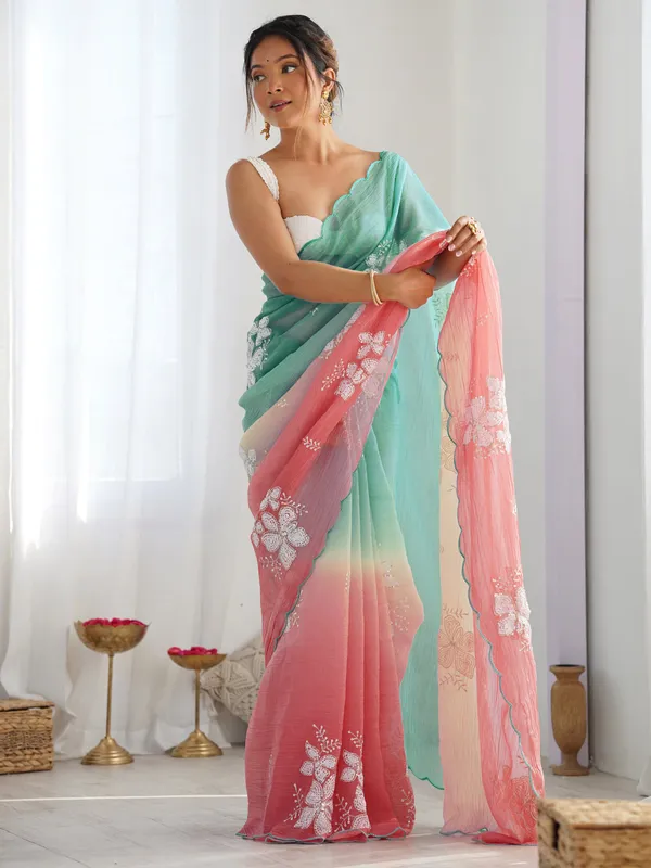 Aqua_Mint_Green_Coral_Pink_Gold_Crush_Silk_Saree_With_Scalloped_Border_Default_Title