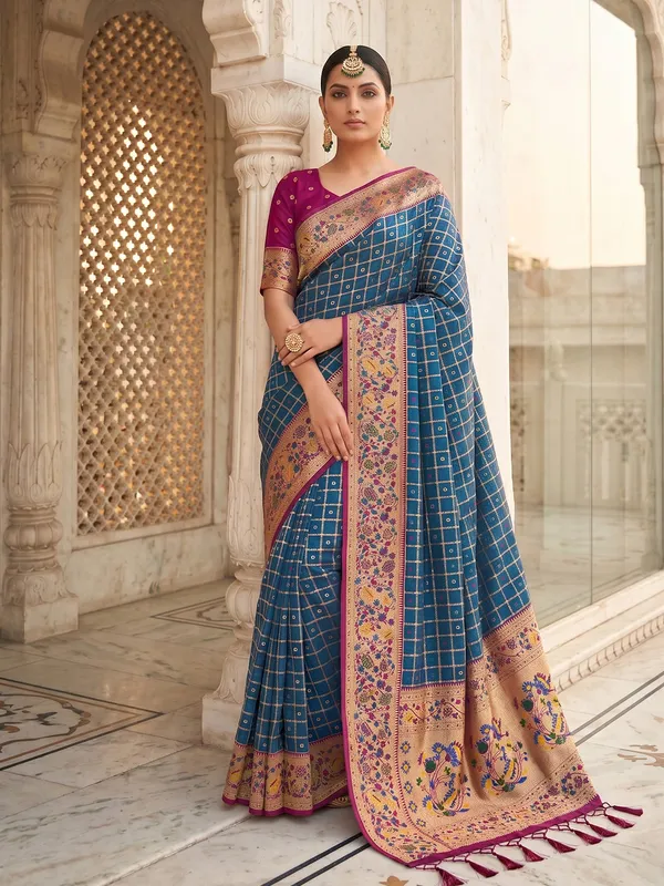 Royal_Blue_Banarasi_Silk_Saree_With_Floral_Woven_Border_Default_Title