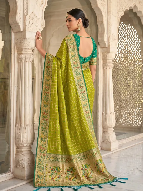 Olive_Green_Banarasi_Silk_Saree_With_Floral_Woven_Border_Default_Title