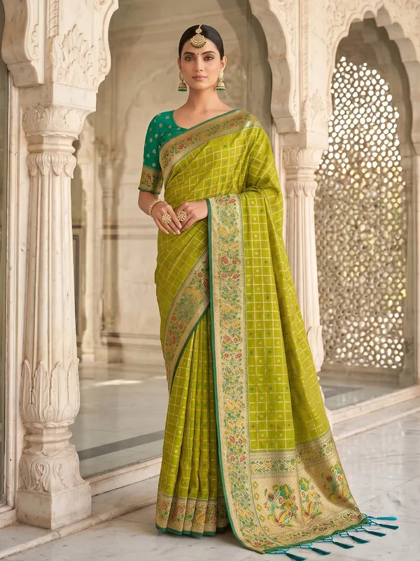 Olive_Green_Banarasi_Silk_Saree_With_Floral_Woven_Border_Default_Title