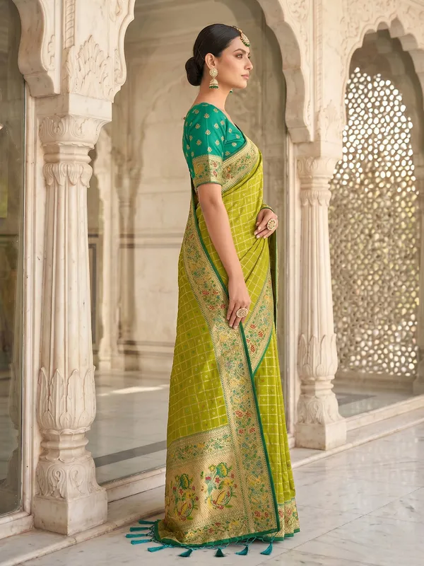 Olive_Green_Banarasi_Silk_Saree_With_Floral_Woven_Border_Default_Title