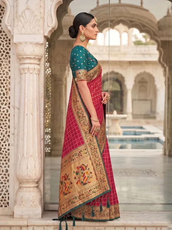 Ruby_Red_Banarasi_Silk_Saree_With_Floral_Woven_Border_Default_Title